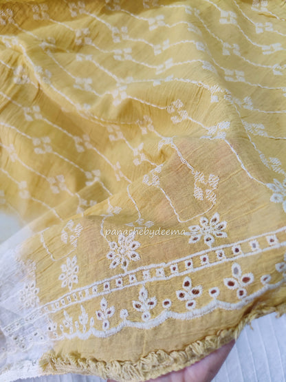 Cotton unstitched salwar set with lace borders and embroidery on yolk portion | Mustard yellow|S5
