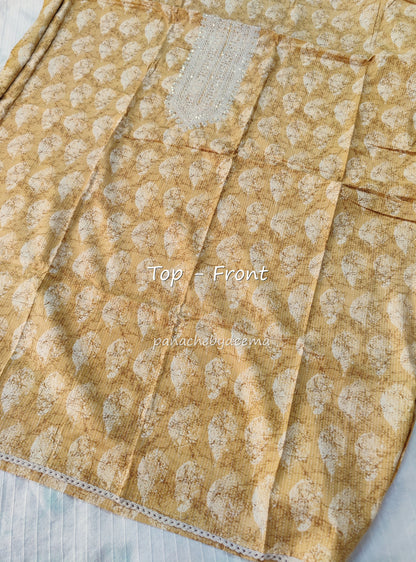 Cotton unstitched salwar set with lace borders and embroidery on yolk portion | Mustard yellow|S5