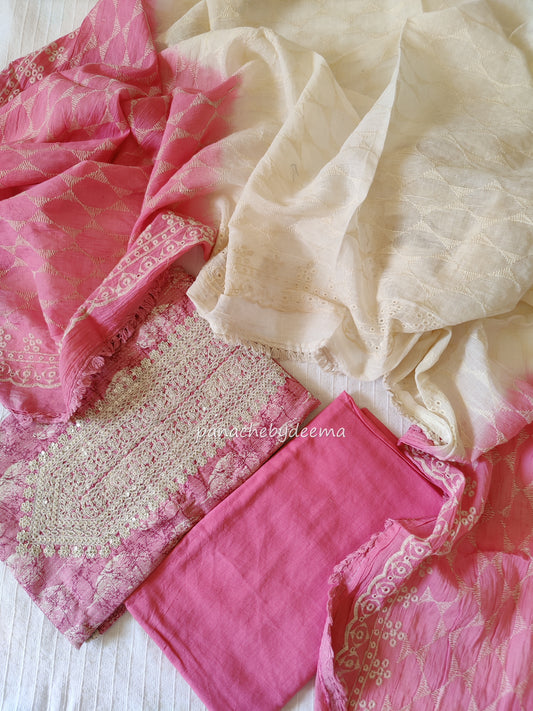 Cotton unstitched salwar set with lace borders and embroidery on yolk portion | Pink |S4