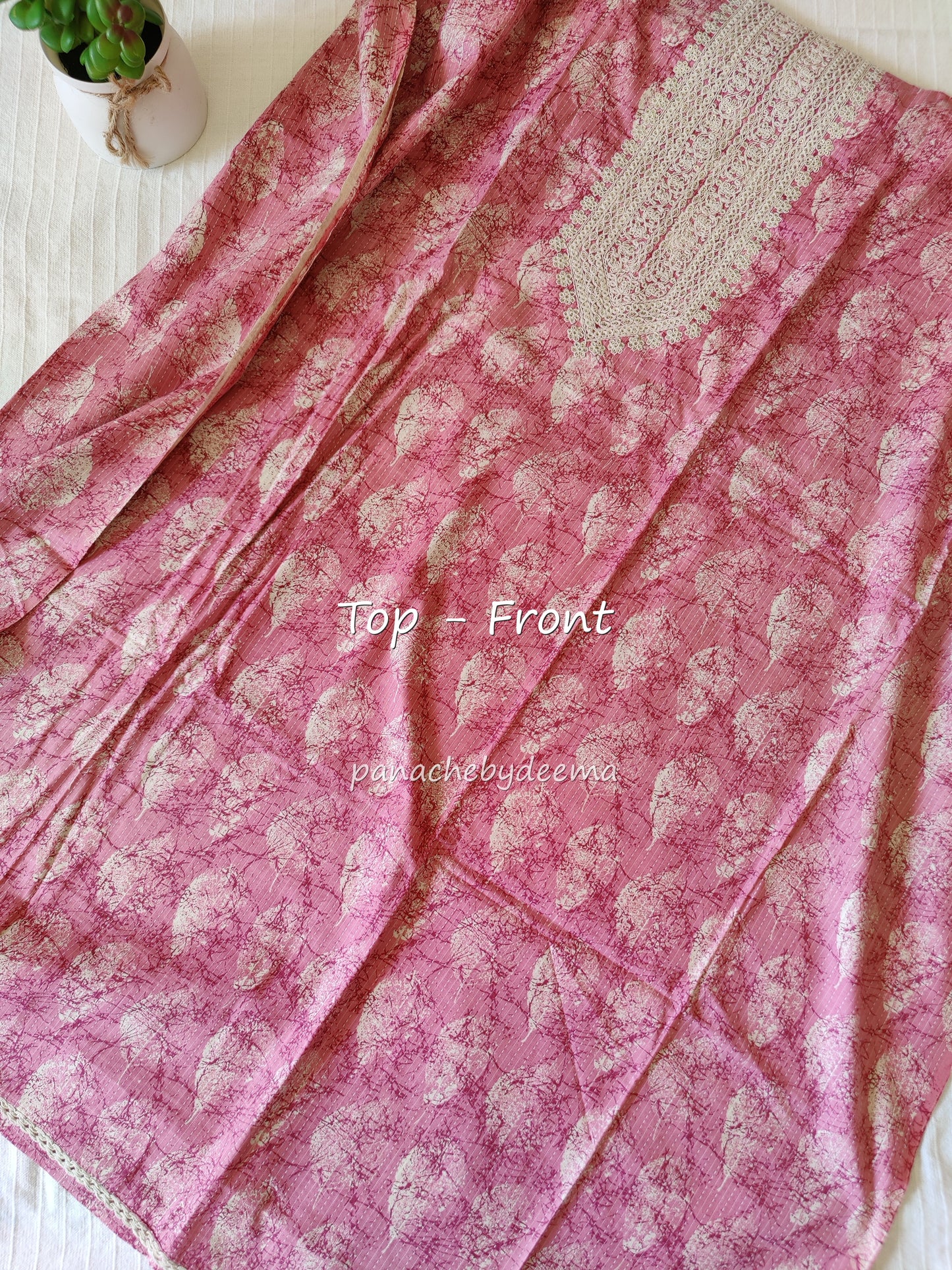 Cotton unstitched salwar set with lace borders and embroidery on yolk portion | Pink |S4