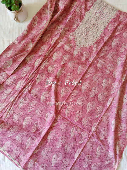Cotton unstitched salwar set with lace borders and embroidery on yolk portion | Pink |S4