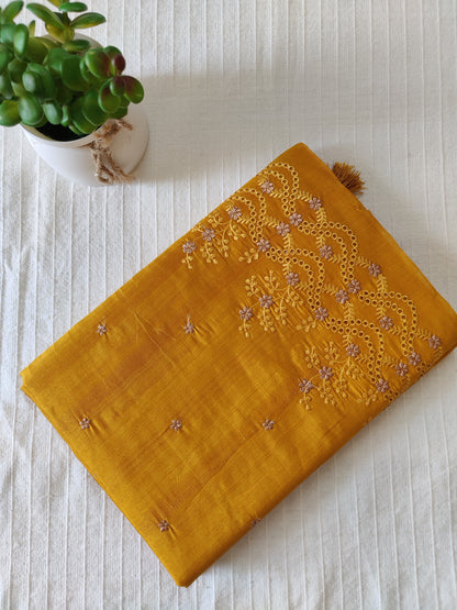 Matka silk designer saree with cut work borders and embroidery | Mustard yellow | MT15