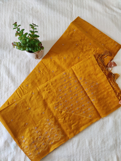 Matka silk designer saree with cut work borders and embroidery | Mustard yellow | MT15