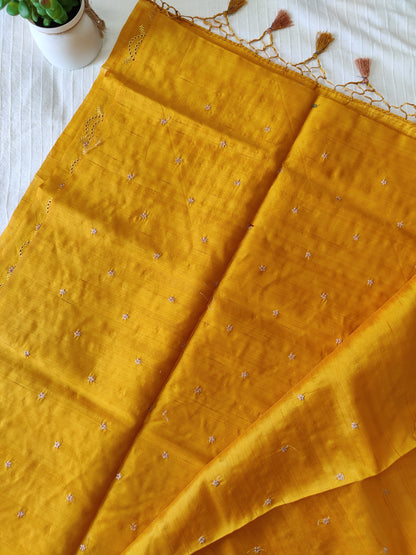 Matka silk designer saree with cut work borders and embroidery | Mustard yellow | MT15