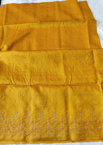 Matka silk designer saree with cut work borders and embroidery | Mustard yellow | MT15