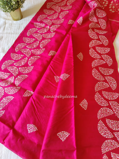 Matka silk designer saree with embroidery | Dark pink | SC2