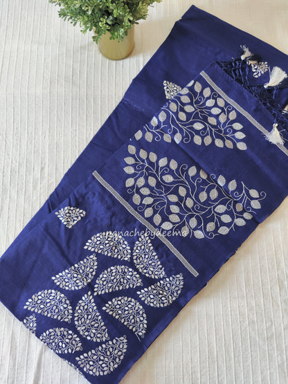 Matka silk designer saree with embroidery | Dark blue | SC4