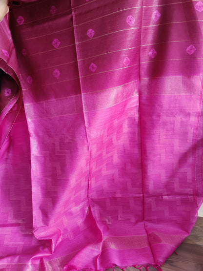 Semi tussar saree with contrast borders | Maroon with pink border | PA120
