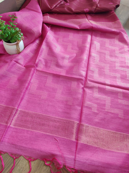 Semi tussar saree with contrast borders | Maroon with pink border | PA120