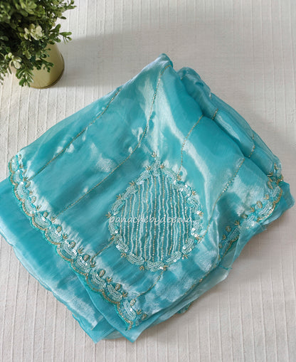 Tissue organza with heavy handwork| Sea green | TS2