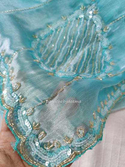 Tissue organza with heavy handwork| Sea green | TS2