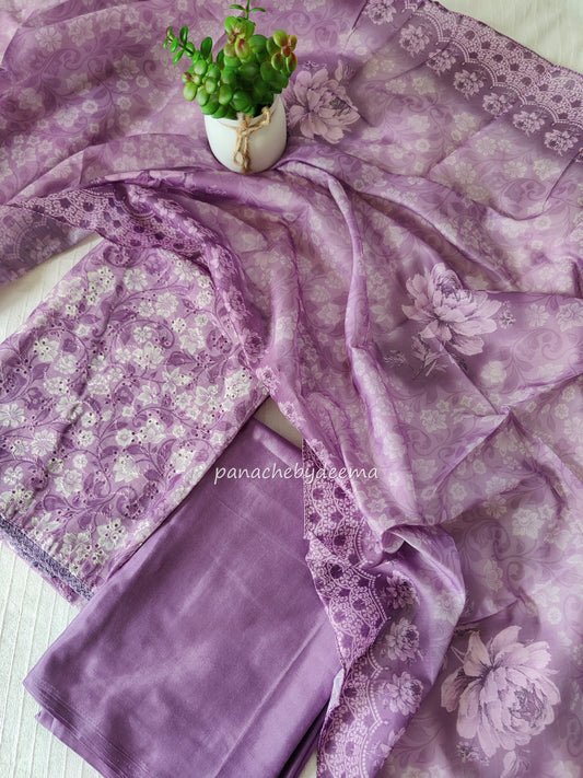 Eyelet fabric with embroidery and lace edges unstitched salwar set | Lavender | H6