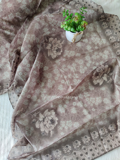 Eyelet fabric with embroidery and lace edges unstitched salwar set | Brown | H8