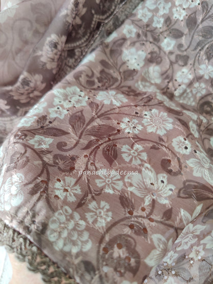 Eyelet fabric with embroidery and lace edges unstitched salwar set | Brown | H8
