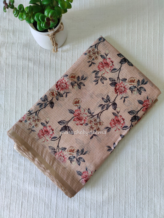 Semi net kota silk digital print saree with golden borders | Beige |K4