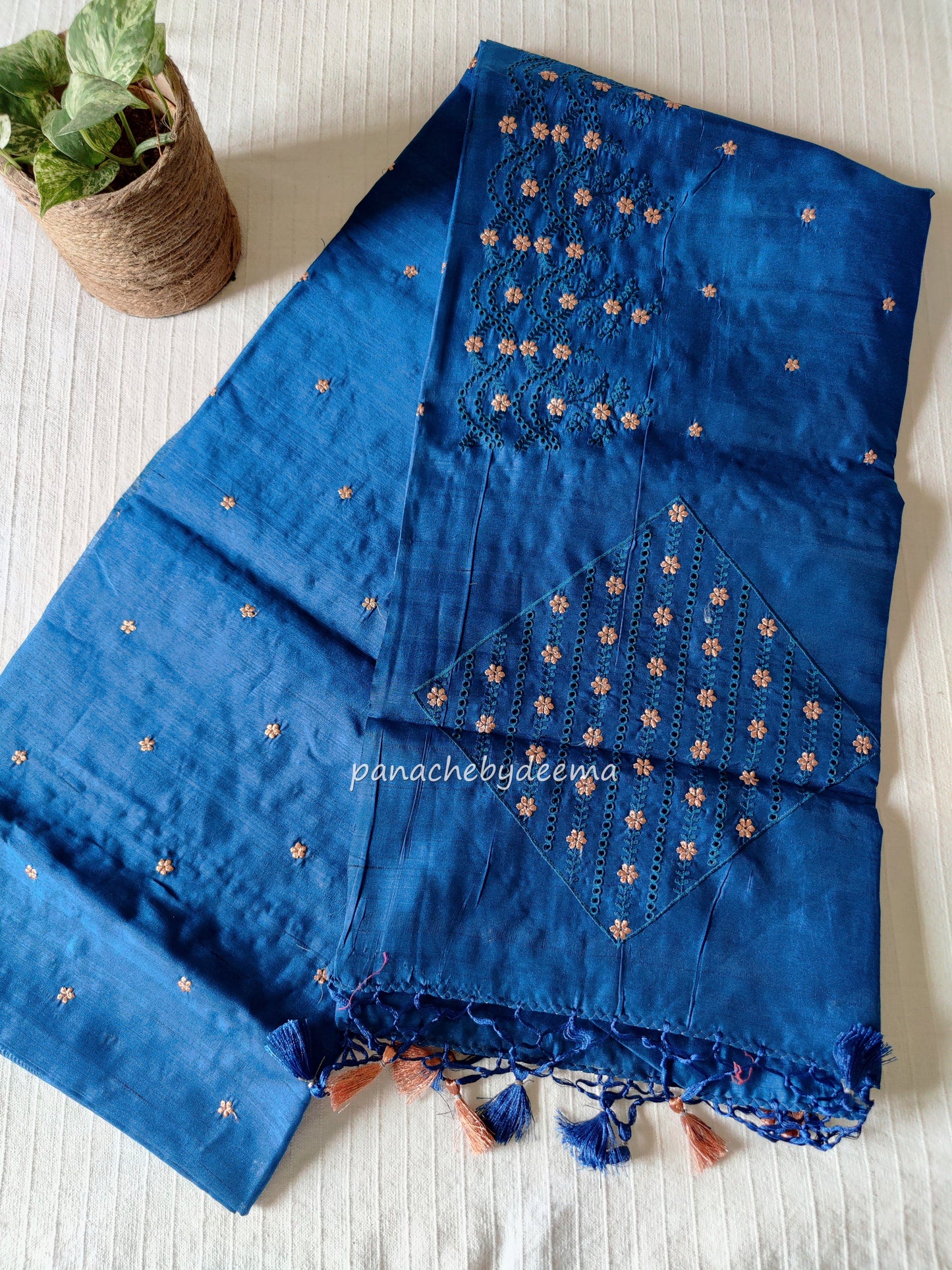 Matka silk designer saree with cut work borders and embroidery | Teal blue | MT18