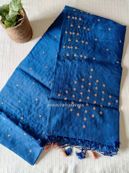 Matka silk designer saree with cut work borders and embroidery | Teal blue | MT18
