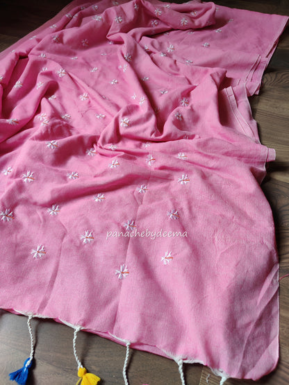 Soft cotton saree with flower embroidery |Light pink | K2