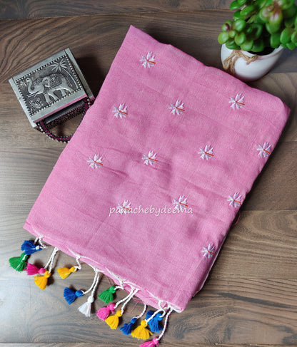Soft cotton saree with flower embroidery |Light pink | K2