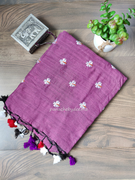 Mul cotton saree with flower embroidery | Light purple | K4