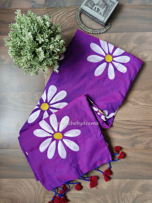 Pure Mul cotton saree handpainted flowers  | Violet| K8