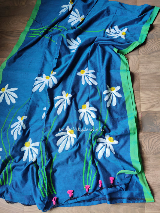 Mul cotton saree handpainted flowers  | Blue with green borders | K9