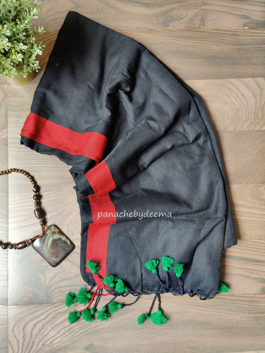 Mul cotton plain saree with borders |Black with red border| PK1