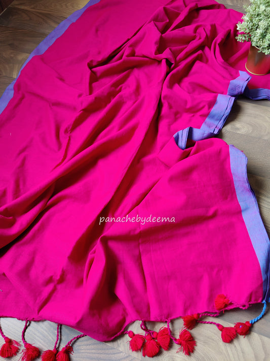 Mul cotton plain saree with borders |Pink with light violet border| PK2
