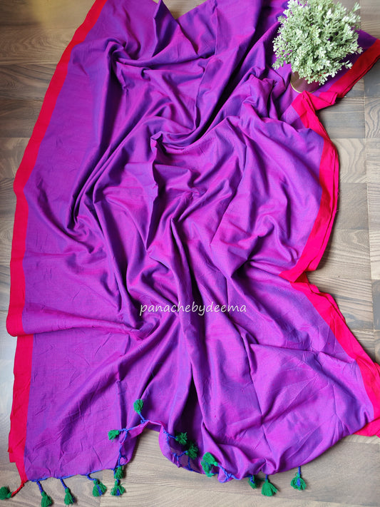 Mul cotton plain saree with borders |Violet with pink  border| PK3