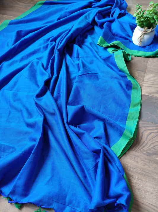 Mul cotton plain saree with borders |Blue with green  border| PK4