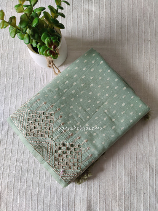 Beautiful semi tussar saree cut work border | Pastel green | CT114