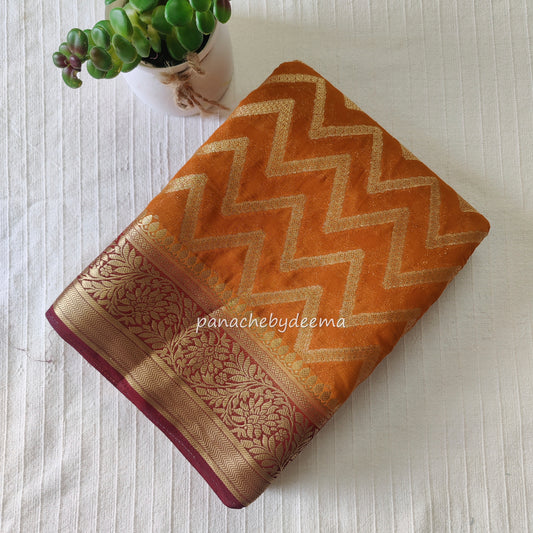 Semi-banarasi georgette saree with golden zari weaving | Mustard yellow with maroon borders |GS2