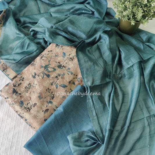 Digital print unstitched salwar set with embroidery |Cream with teal blue| AL1