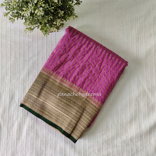 Semi banarasi georgette silk saree with contrast border |pink with green border | KD2