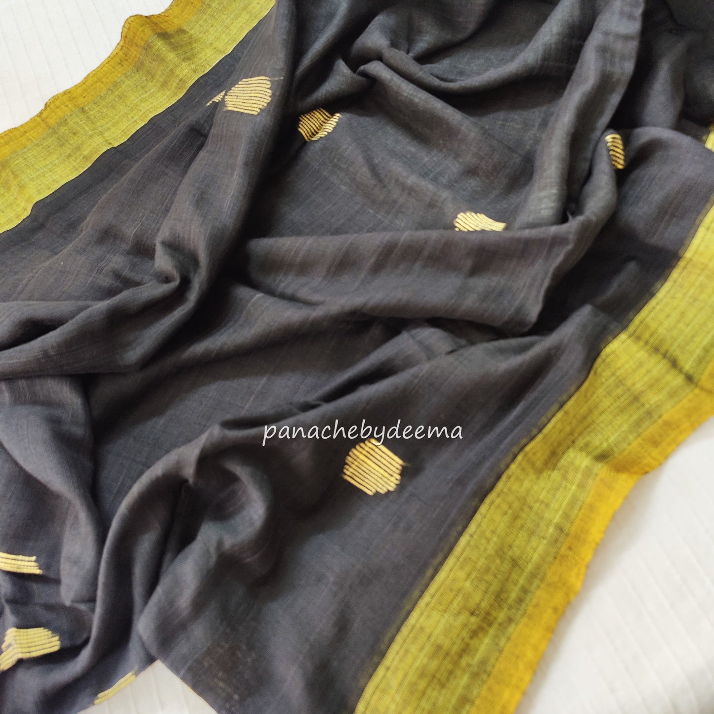 Soft linen saree with contrast border |Black with yellow |LK1