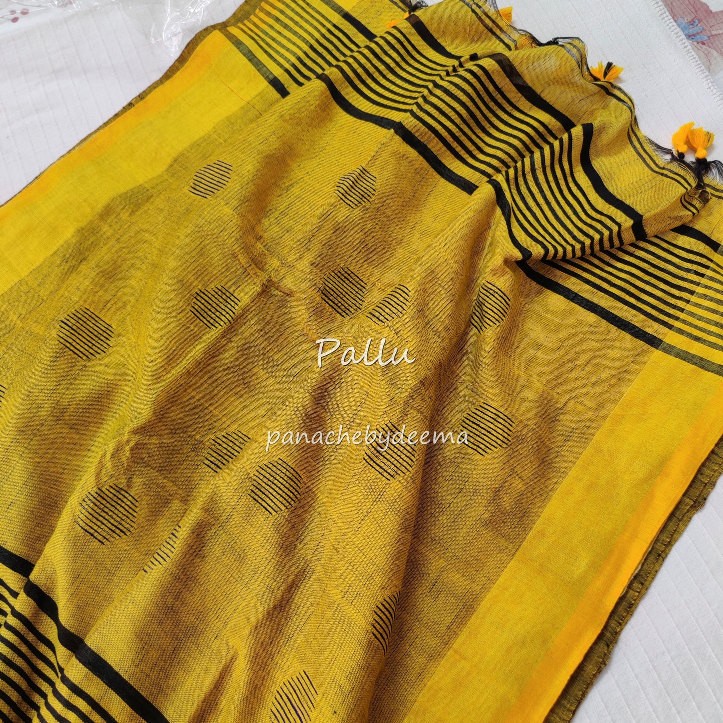 Soft linen saree with contrast border |Black with yellow |LK1