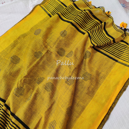 Soft linen saree with contrast border |Black with yellow |LK1