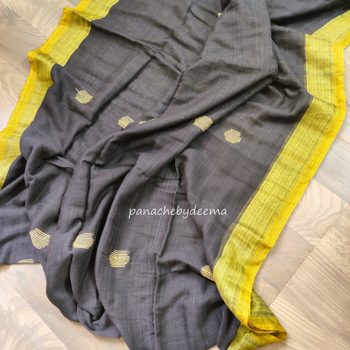 Soft linen saree with contrast border |Black with yellow |LK1
