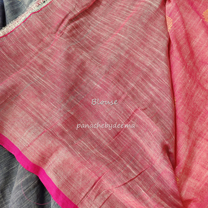 Soft linen saree with contrast border |grey with pink border |LK2