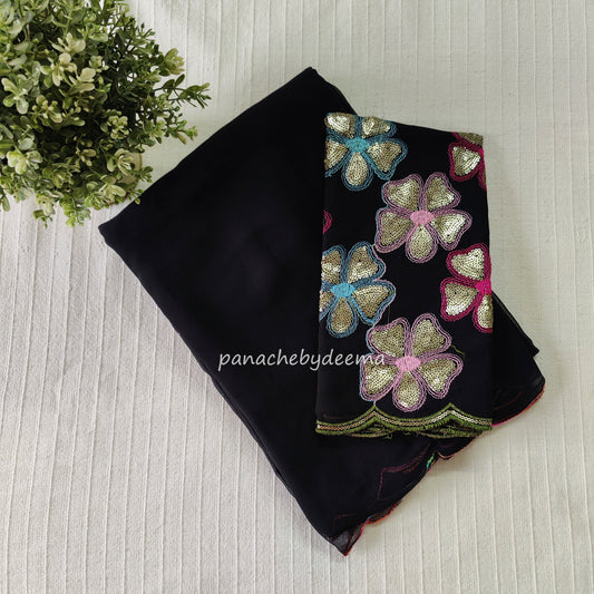 Beautiful georgette plain saree with scalloped borders, comes with heavy embroidery and sequins work blouse| Black |S1
