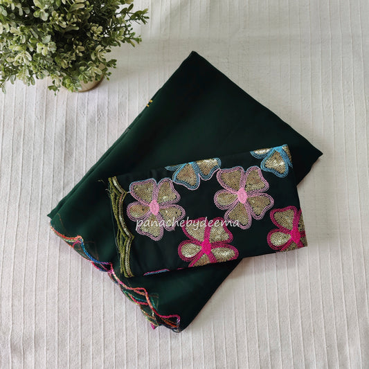 Beautiful georgette plain saree with scalloped borders, comes with heavy embroidery and sequins work blouse| Green|S4