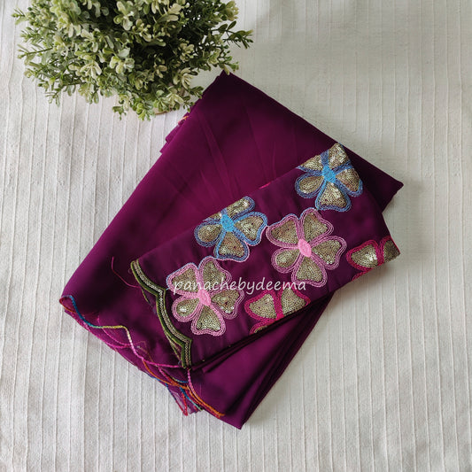 Beautiful georgette plain saree with scalloped borders, comes with heavy embroidery and sequins work blouse| Purple |S3