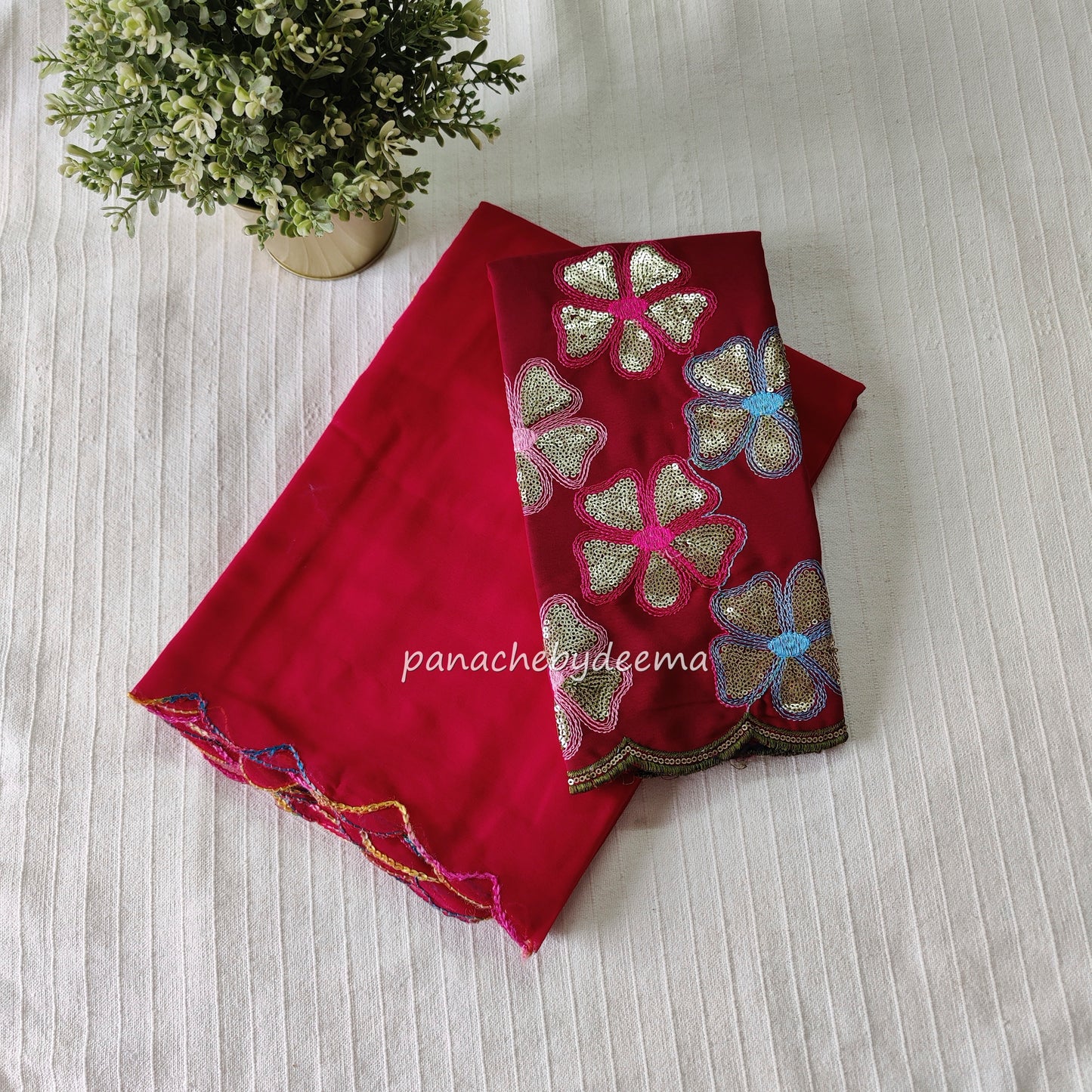 Beautiful georgette plain saree with scalloped borders, comes with heavy embroidery and sequins work blouse| Rani pink|S2