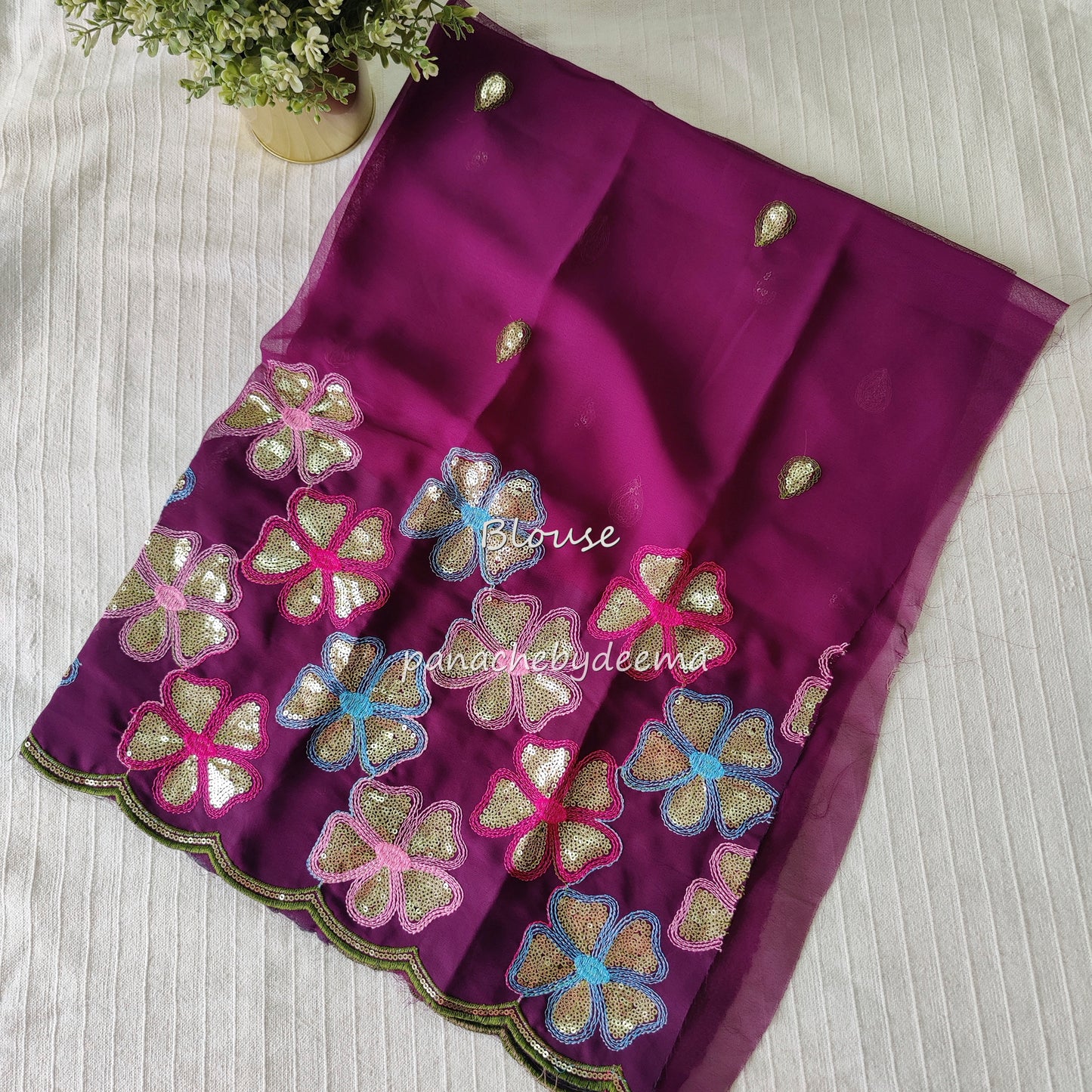Beautiful georgette plain saree with scalloped borders, comes with heavy embroidery and sequins work blouse| Purple |S3