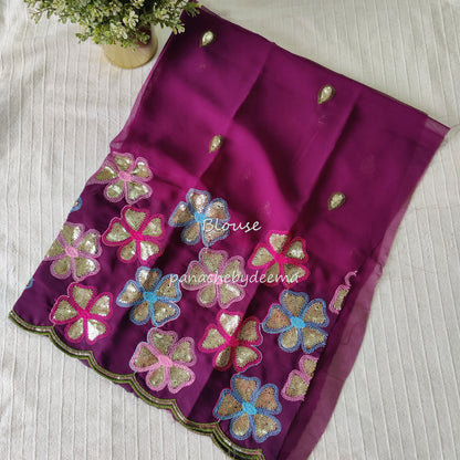 Beautiful georgette plain saree with scalloped borders, comes with heavy embroidery and sequins work blouse| Purple |S3