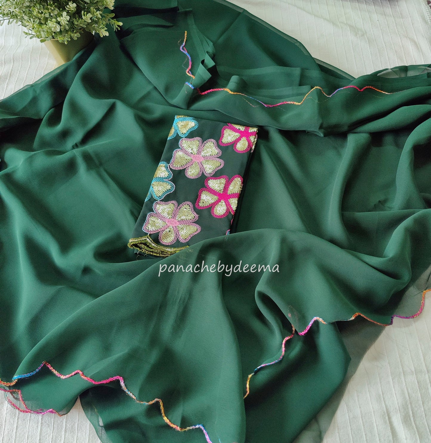 Beautiful georgette plain saree with scalloped borders, comes with heavy embroidery and sequins work blouse| Green|S4