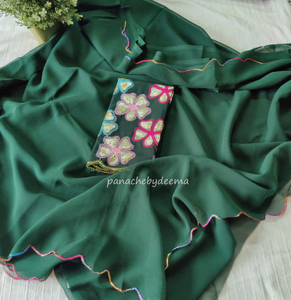 Beautiful georgette plain saree with scalloped borders, comes with heavy embroidery and sequins work blouse| Green|S4