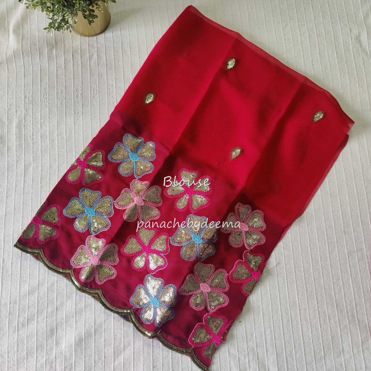 Beautiful georgette plain saree with scalloped borders, comes with heavy embroidery and sequins work blouse| Rani pink|S2