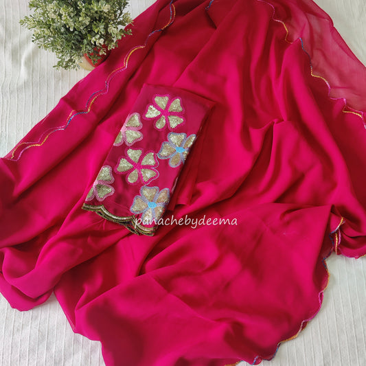 Beautiful georgette plain saree with scalloped borders, comes with heavy embroidery and sequins work blouse| Rani pink|S2