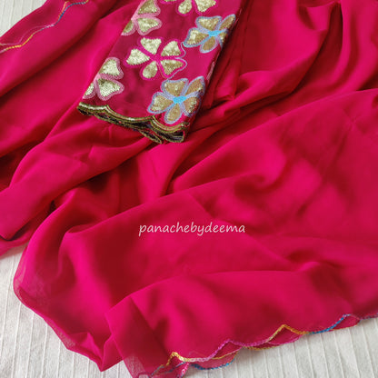 Beautiful georgette plain saree with scalloped borders, comes with heavy embroidery and sequins work blouse| Rani pink|S2